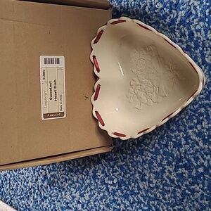 Longaberger Ivory Pottery Sweetest Heart Dish with Ribbon Embossed Pierced 2005